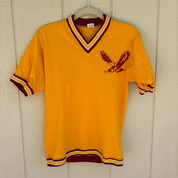 Vintage 1970's Russell Athletic Ringer T-Shirt Medium Gold Red V-Neck USA Retro - Picture 1 of 8